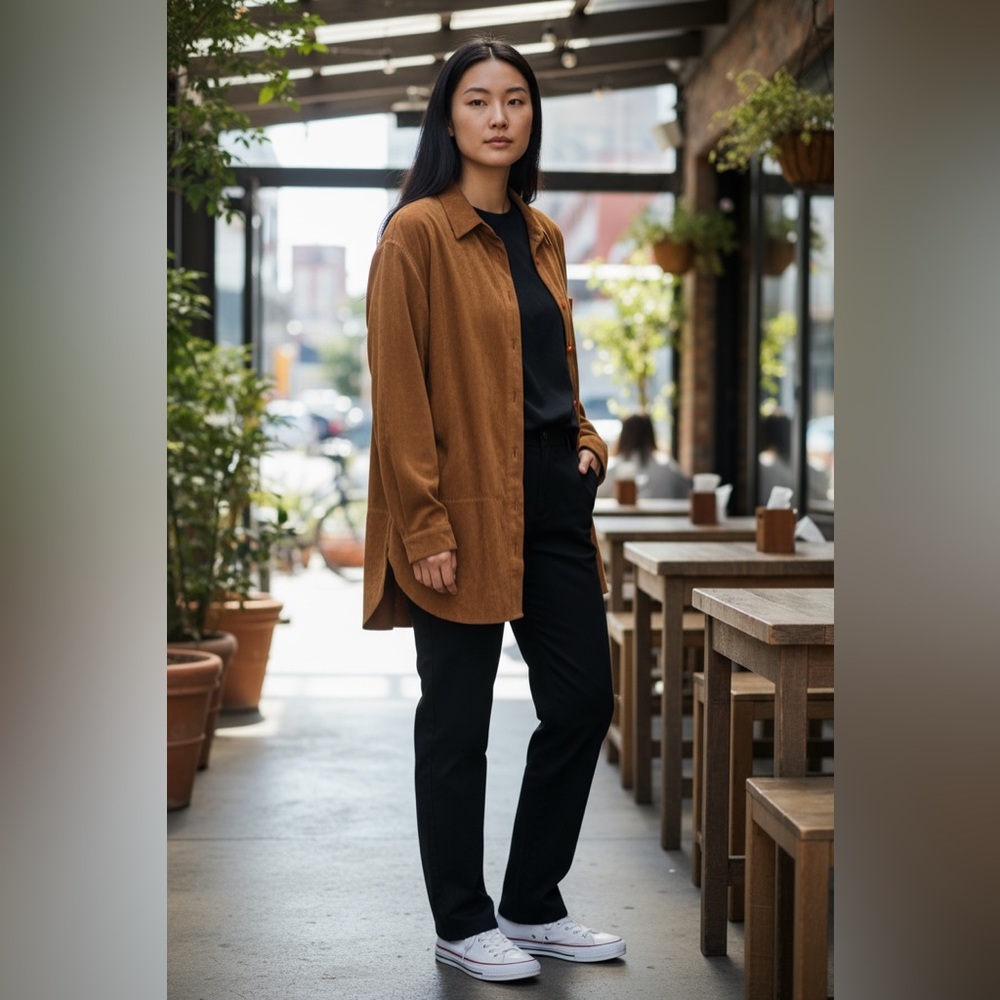 Bechamel Women Shirt Women L Brown Microfiber Button Up Fall is in the air.